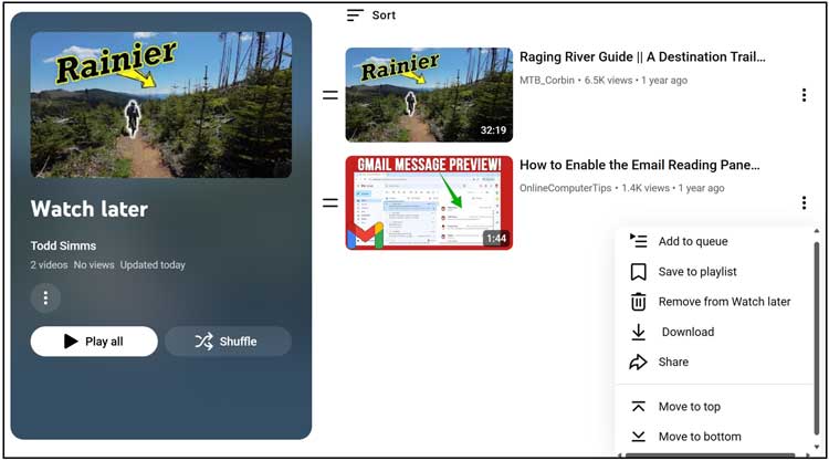 YouTube watch later list