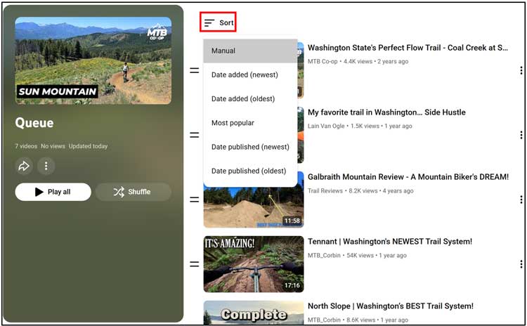 YouTube sort video queue