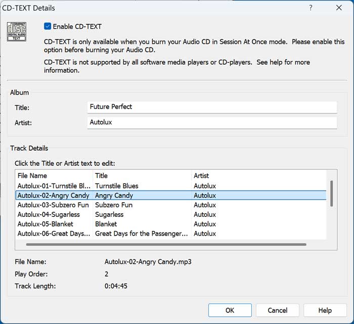 Express Burn add CD text