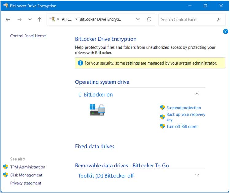 Disable or suspend BitLocker in Windows 11 Pro