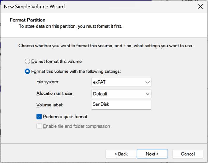 New Volume Wizard Format Partition 