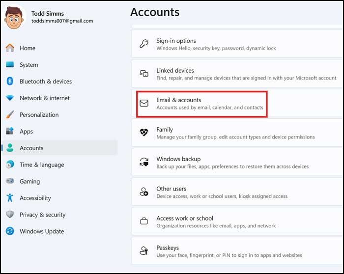 Windows 11 Email & accounts setting