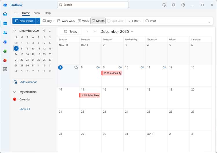 Outlook for Windows calendar