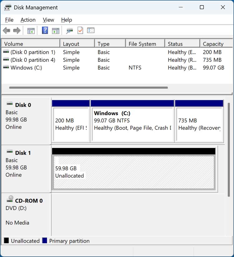 Windows Disk Management tool