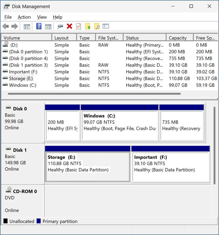 Windows Disk Management tool
