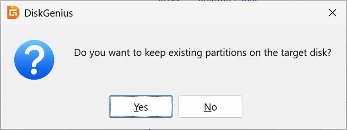 DiskGenius keep existing partitions on the target disk
