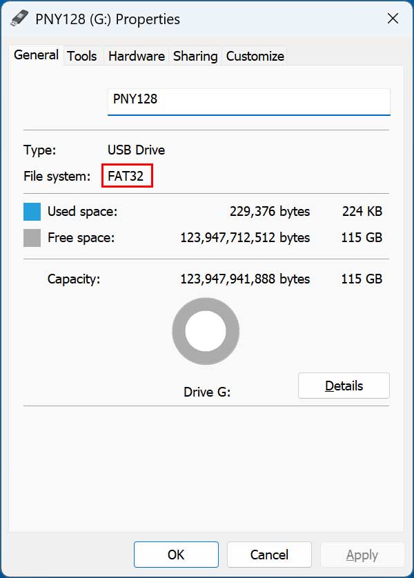 FAT32 formatted flash drive