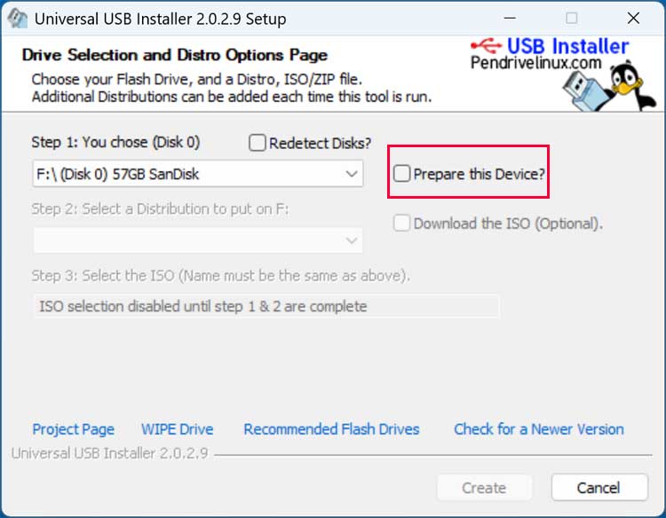 Universal USB Installer USB drive selection
