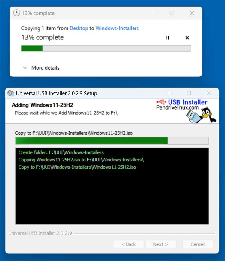 Universal USB Installer copy ISO to flash drive