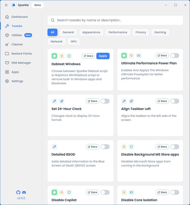 Sparkle tweak and debloat section
