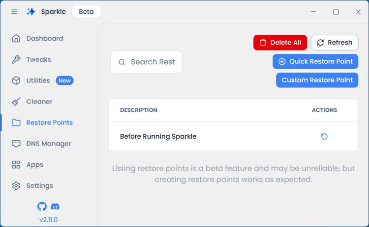 Sparkle create or restore Restore Points