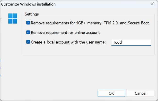 AnyBurn remove the memory, TPM and Secure Boot requirements and local account