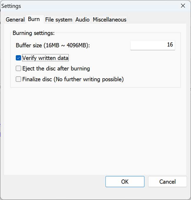 AnyBurn Verify written data