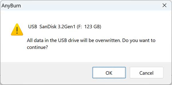 AnyBurn all the data on the flash drive will be overwritten