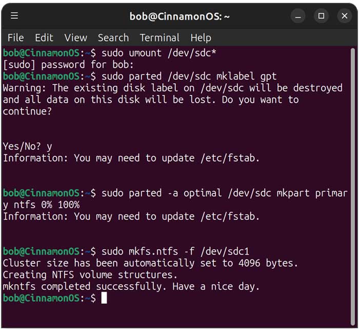 Wiping and creating a new NTFS partition table in Linux