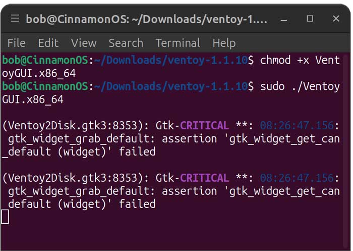 Ventoy GUI Gtk-CRITICAL messages