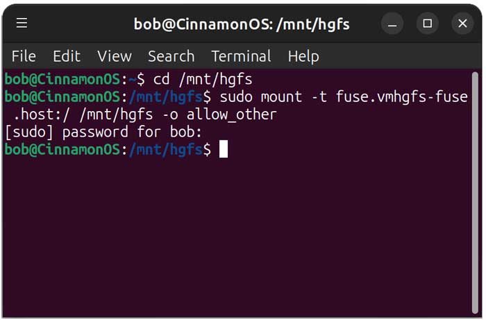 Linux sudo mkdir -p /mnt/hgfs command VMware