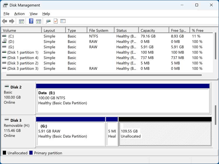 Windows Disk Management tool