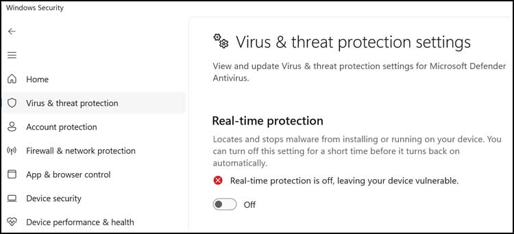 Microsoft Defender disable real-time protection