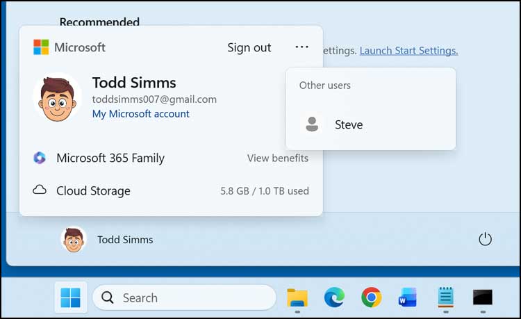 Start button to switch accounts