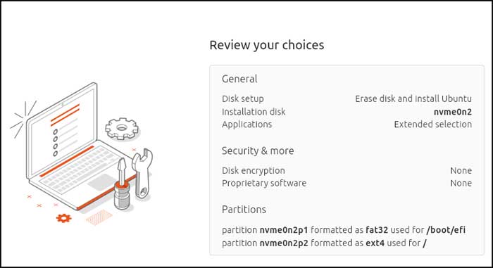 Ubuntu installation summary screen