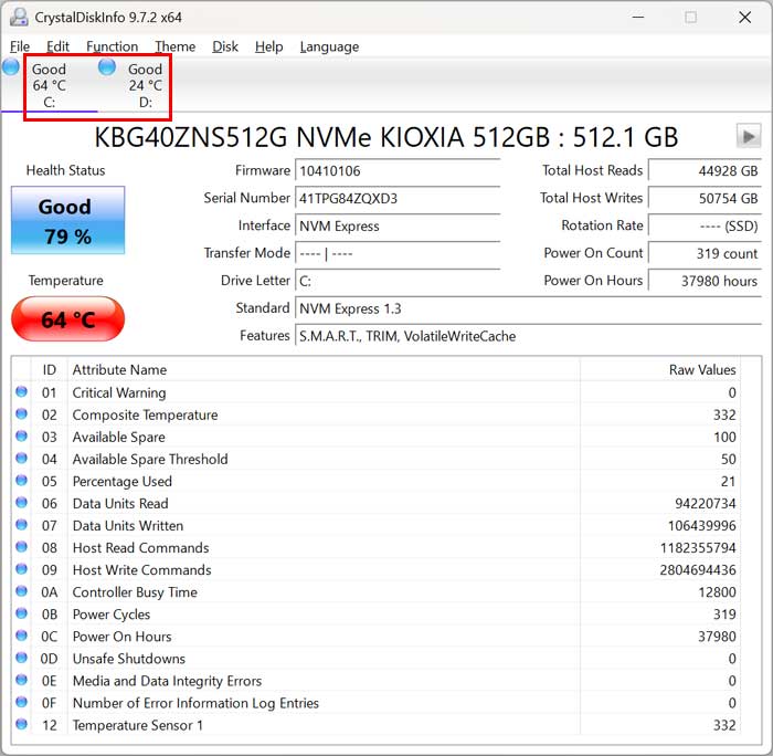 Check SSD Power on Count & Hours Plus Health Stats with CrystalDiskInfo