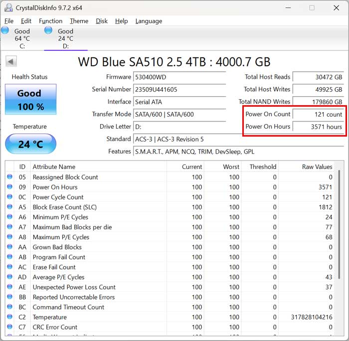 Check SSD Power on Count & Hours Plus Health Stats with CrystalDiskInfo