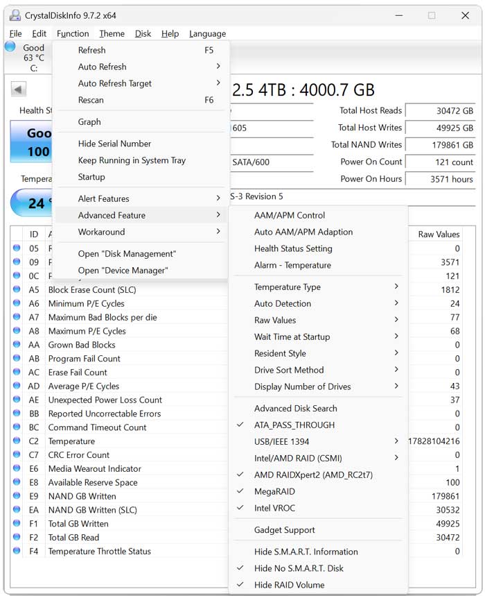 CrystalDiskInfo Function menu and Advanced Feature