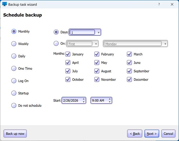 You can schedule backup jobs from this screen