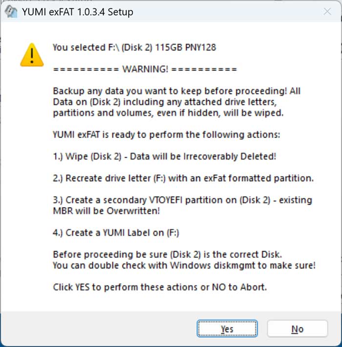 YUMI all data will be lost warning