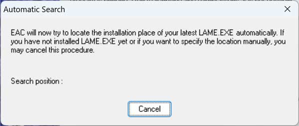 Exact Audio Copy (EAC) searching for LAME.EXE