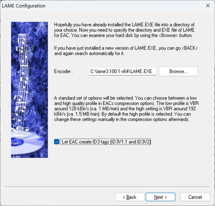 EAC browse to LAME.EXE file