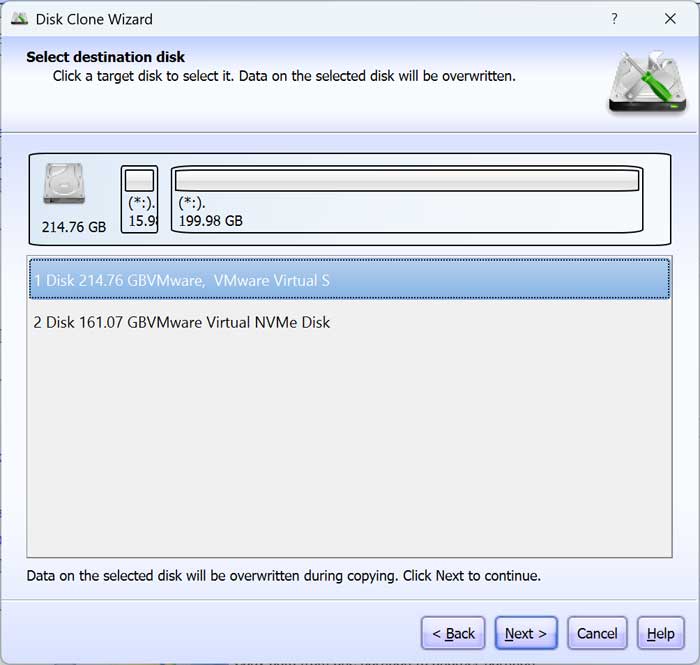 select the destination disk to clone to