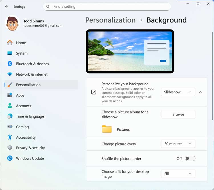 Windows 11 Personalization > Background Setting
