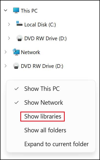 File Explorer Show libraries
