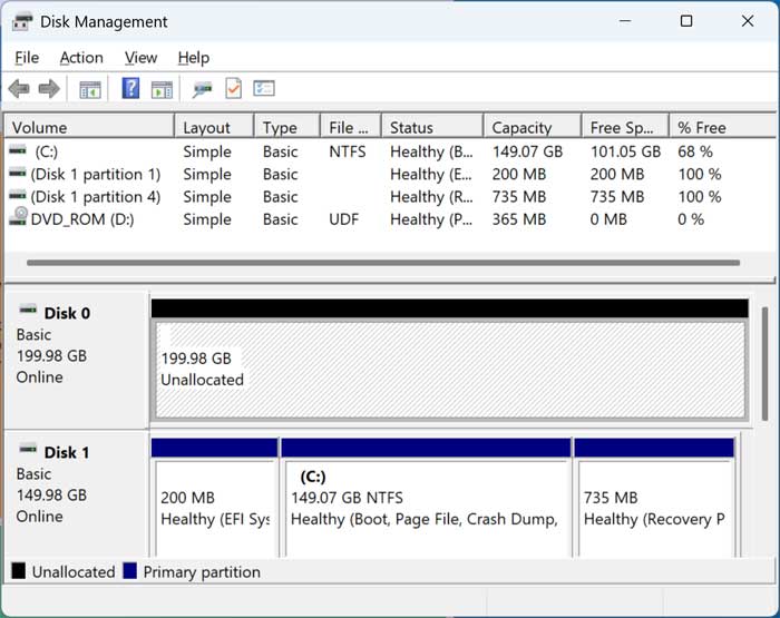 Windows Disk Management tool