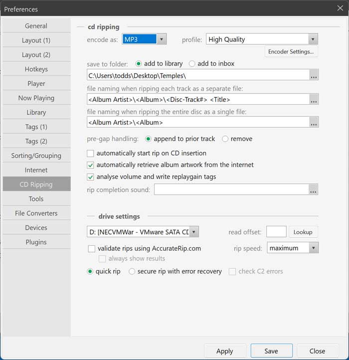 MusicBee CD ripping settings