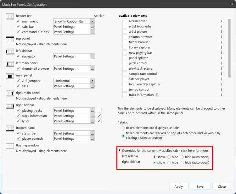 MusicBee panel options