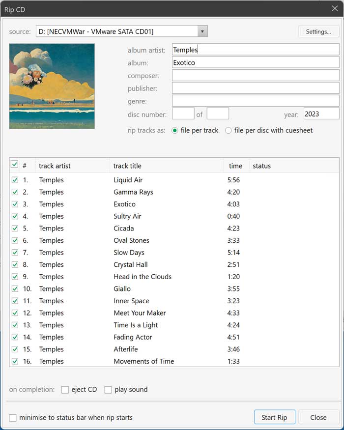 MusicBee ripping screen