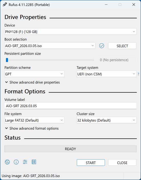 Rufus flash drive tool