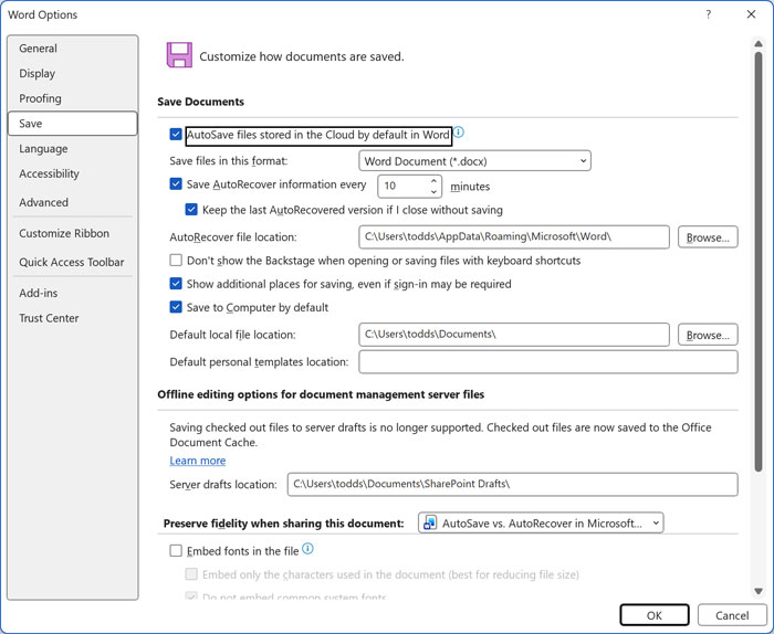 Microsoft Word save options