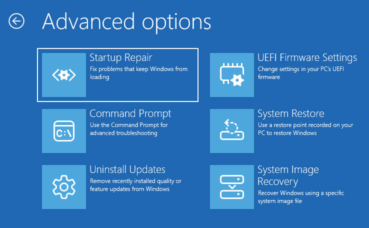 Windows setup advanced options