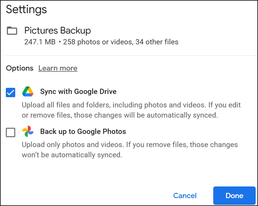 Drive and Photos sync options