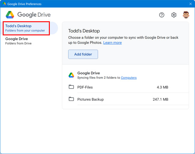 Google Drive synced folder list