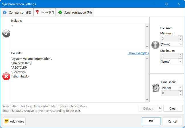 FreeFileSync backup and synch Filters