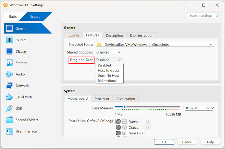 VirtualBox VM settings