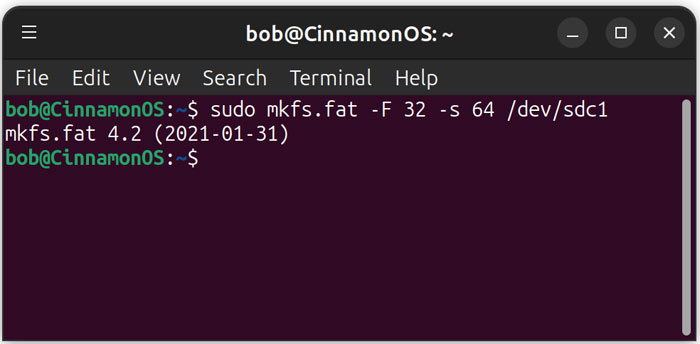 sudo mkfs.fat -F 32 -s 64 /dev/sdc1 Linux command
