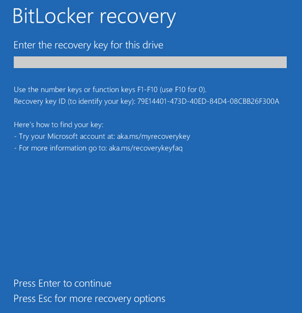 BitLocker recovery blue screen