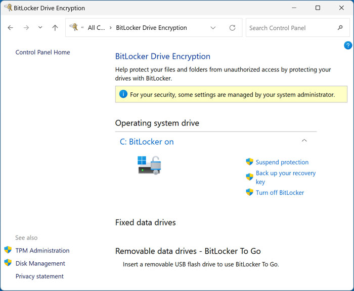 BitLocker Drive Encryption settings