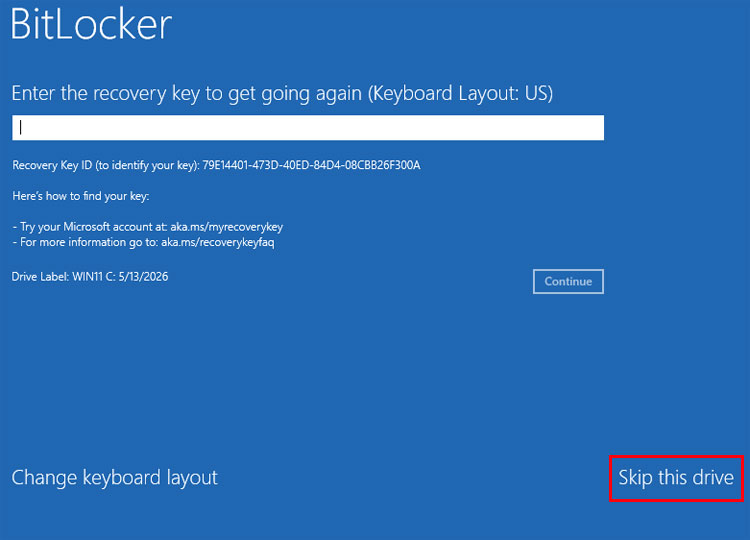 Change keyboard layout or skip drive for BitLocker key